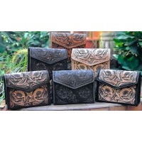 BFT, Shoulder bag - Hand Tooled Leather, triangular flap with magnetic closure, assorted colors