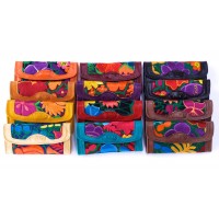 MMT,  Wallet -medium size.  Trifold, women's, leather with embroidered insert, Oaxac design, assorted colors
