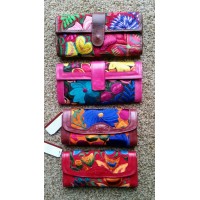 MGT,  Wallet - Large size. Trifold, women's, leather with embroidered insert, Oaxac design, assorted colors