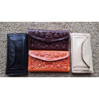 AGR,  Wallet - medium size. Trifold, women's, engraved leather, rear coin pouch with flap, assorted designs and colors